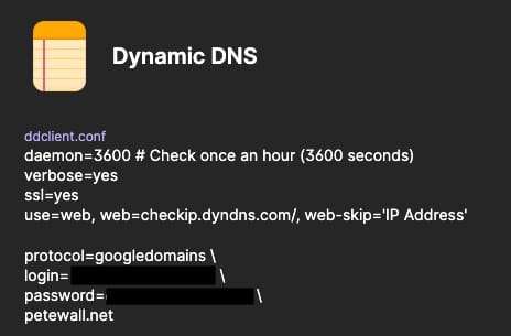 A screenshot of a 1Password entry showing a ddclient.conf file