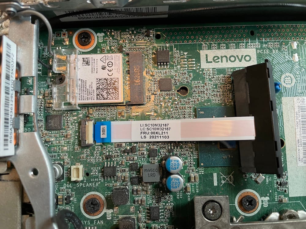 The SATA cable plugged into the motherboard