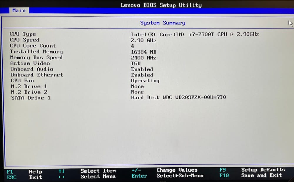 Screenshot showing BIOS system summary and no detected M.2 device